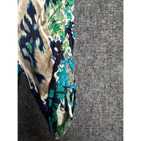 Chicos VNeck Top Size 2/US L Blue Green Teal 3/4 Ruched Sleeve Stretch Boho Chic - Picture 4 of 6